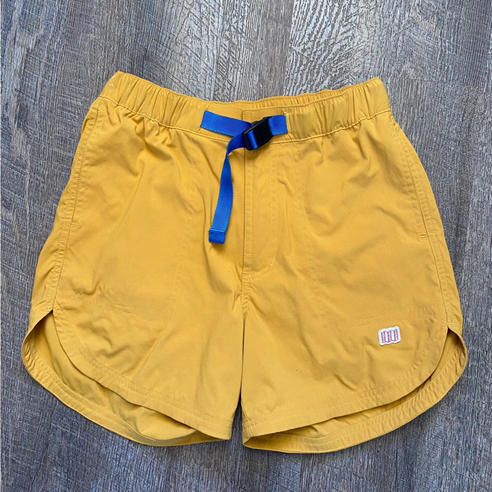 Topo Designs Mustard Yellow Athletic Shorts with Blue Drawstring
